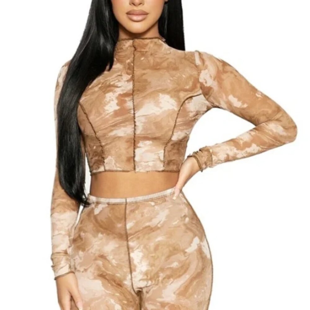 Naked Wardrobe Brown Marble Print Mesh Sheer Long Sleeve Crop Top Blouse Size M